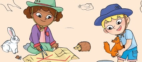 une petite fille et un petit garçon prenant soin d'animaux : un lapin, un hérisson et un écureuil.