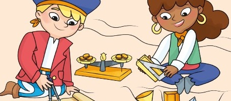 Deux enfants, un garçon et une fille, assis dans le sable avec des instruments de géométrie.